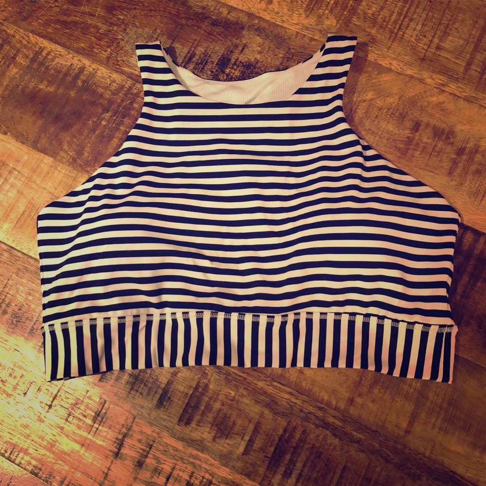 Athleta t-strap navy and white striped sports bra